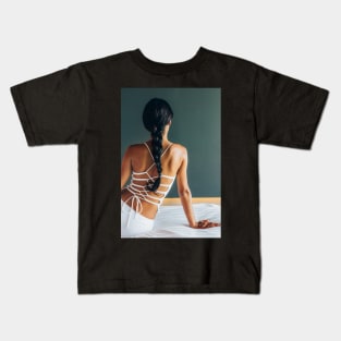 Beautiful Elegant Young Woman Sitting on Bed From Behind Kids T-Shirt